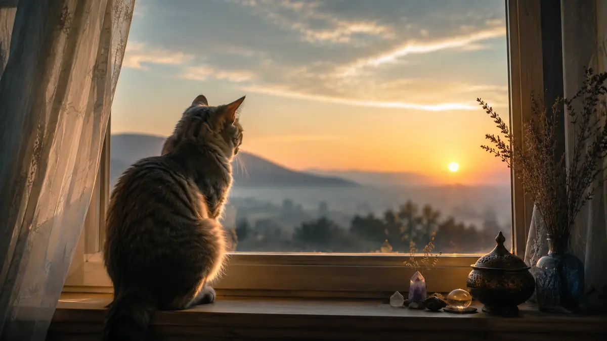 Gatto alla finestra al tramonto