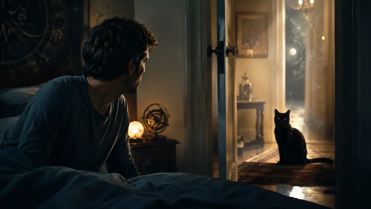 Uomo e gatto nero sulla soglia