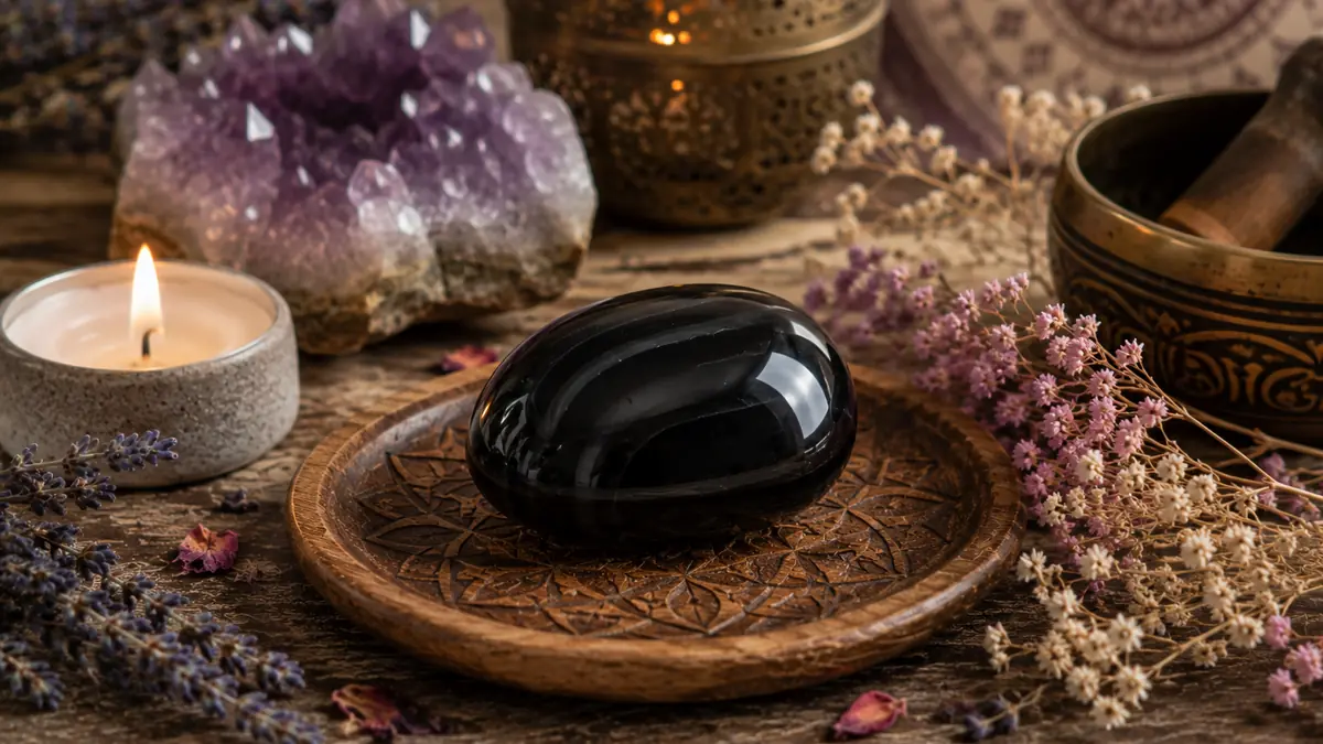 Pietra portafortuna onice nero su tavolo di legno